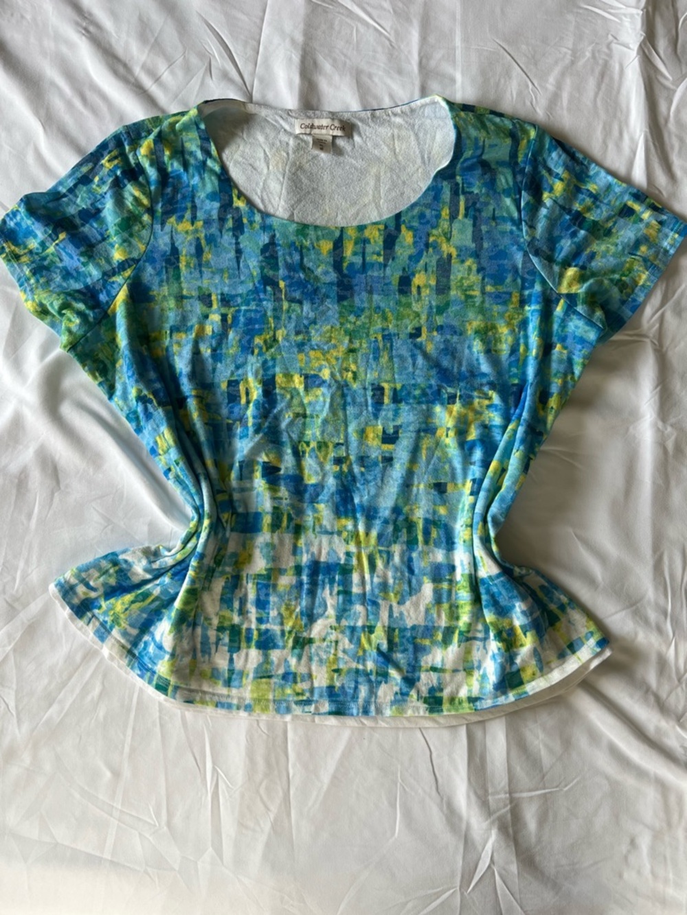 Coldwater Creek Blue and Green Abstract Scoop Neck Tee